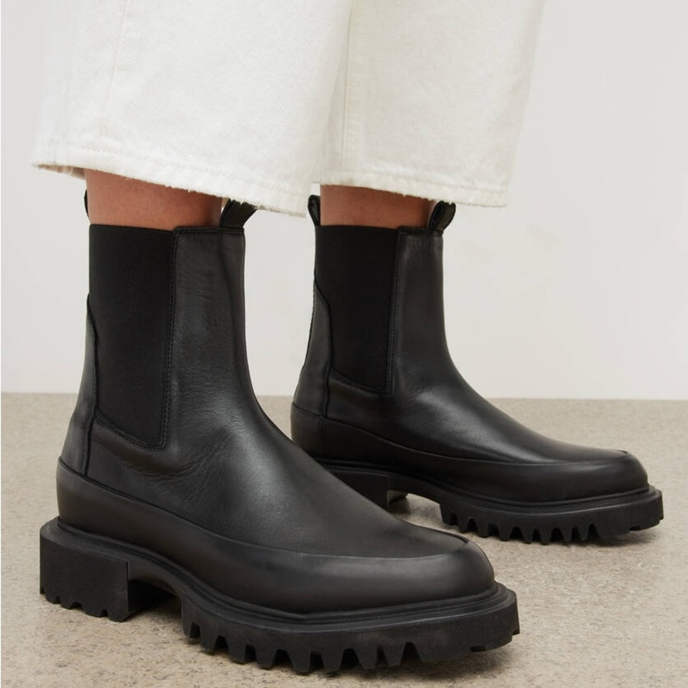 Allsaints Harlee lug soles chunky leather stretch ankle boots women size 39.5